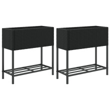 vidaXL Garden Planters with Shelf Flower Pot Plant Pot 2 pcs Black Poly Rattan