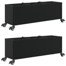 vidaXL Garden Planters with Wheels Flower Pot Plant Pot 2pcs Black Poly Rattan