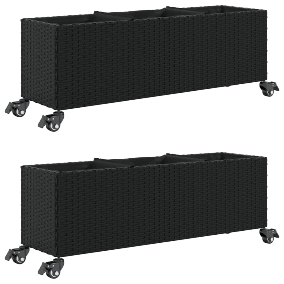 Vidaxl Garden Planters With Wheels Flower Pot Plant Pot 2Pcs Black Poly Rattan