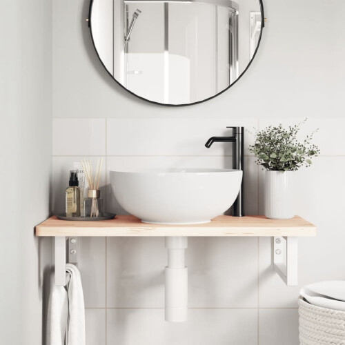 VidaXL vidaXL Basin Shelf Wall Mounted Bathroom Countertop Steel and Solid Wood Beech 2