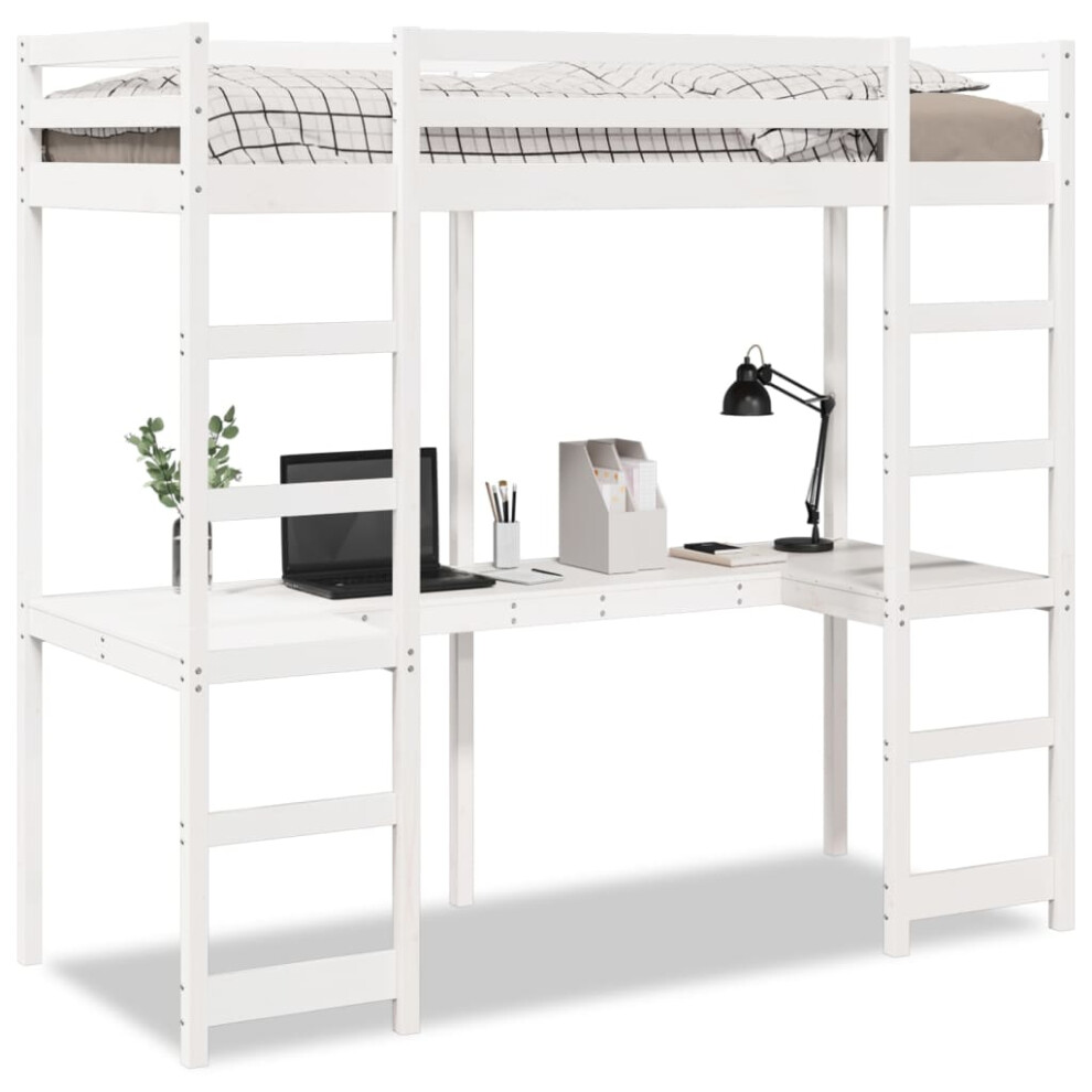vidaXL Loft Bed Frame with Desk Kids Bunk Bed White 90x200 cm Solid Wood Pine
