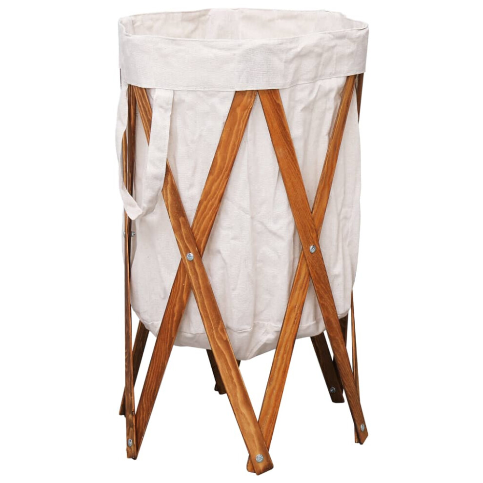 Vidaxl Folding Laundry Basket Cream Wood And Fabric Bathroom Wash Box Hamper