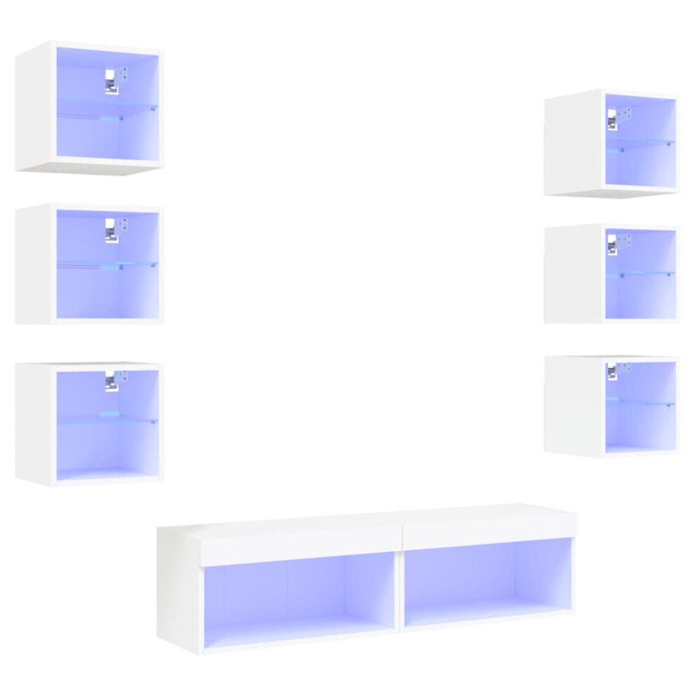 vidaXL TV Wall Units 8 Piece Floating TV Unit with LED White Engineered Wood