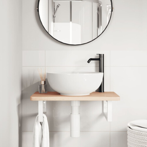 VidaXL vidaXL Basin Shelf Wall Mounted Bathroom Countertop Steel and Solid Wood Beech 2