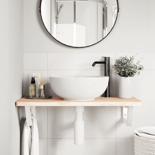 VidaXL vidaXL Basin Shelf Wall Mounted Bathroom Countertop Steel and Solid Wood Beech 2