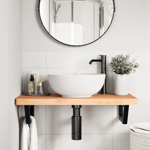 VidaXL vidaXL Basin Shelf Wall Mounted Bathroom Countertop Steel and Solid Wood Beech 2