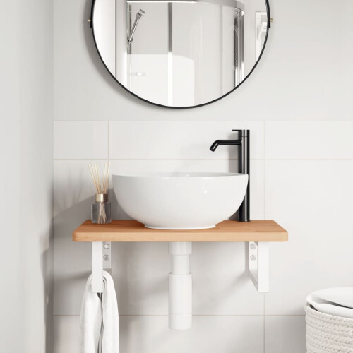 VidaXL vidaXL Basin Shelf Wall Mounted Bathroom Countertop Steel and Solid Wood Beech 2