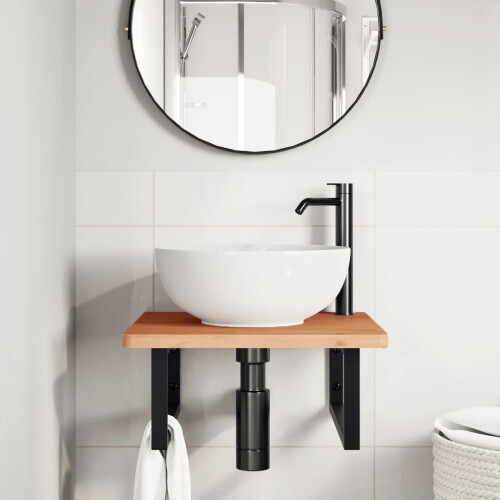 VidaXL vidaXL Basin Shelf Wall Mounted Bathroom Countertop Steel and Solid Wood Beech 2