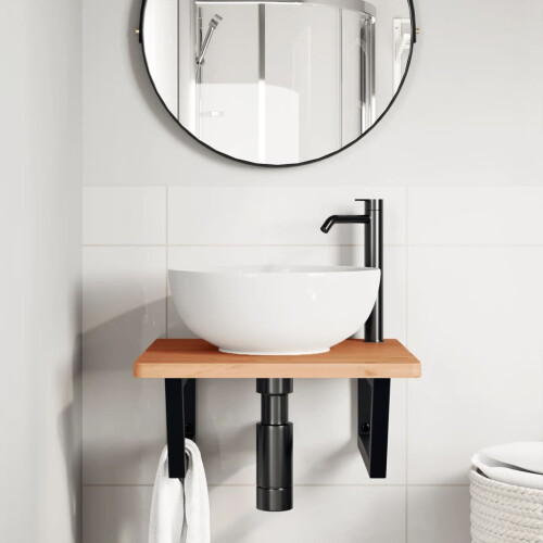 VidaXL vidaXL Basin Shelf Wall Mounted Bathroom Countertop Steel and Solid Wood Beech 2