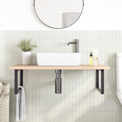 VidaXL vidaXL Basin Shelf Wall Mounted Bathroom Countertop Steel and Solid Wood Beech 2