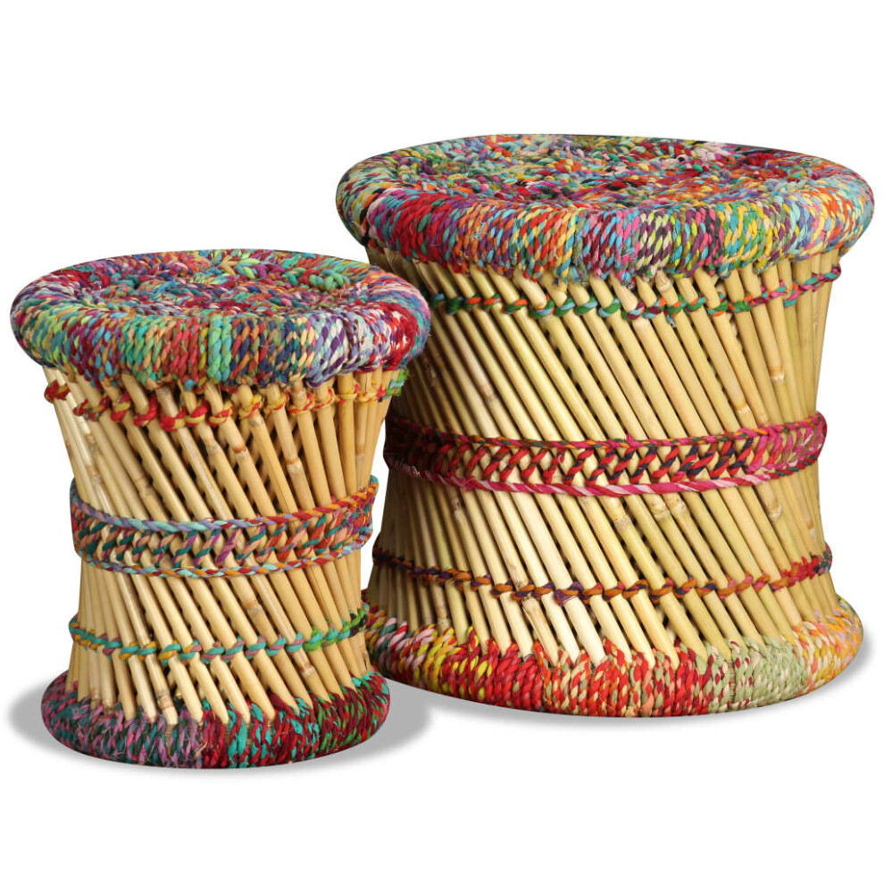 vidaXL Stool Set 2 Pieces Bamboo with Chindi Details Multicolour Handmade Seat