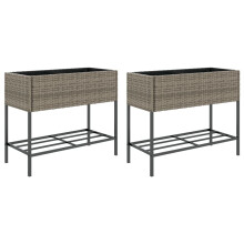 vidaXL Garden Planters with Shelf Flower Pot Plant Pot 2 pcs Grey Poly Rattan