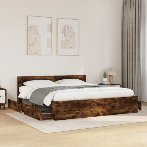 VidaXL vidaXL Bed Frame with Headboard Bed Base Smoked Oak King Size Engineered Wood 2