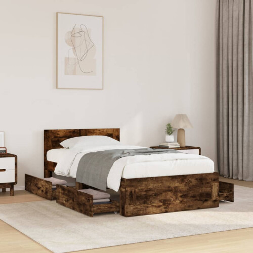 VidaXL vidaXL Bed Frame with Headboard Bed Smoked Oak Small Single Engineered Wood 2
