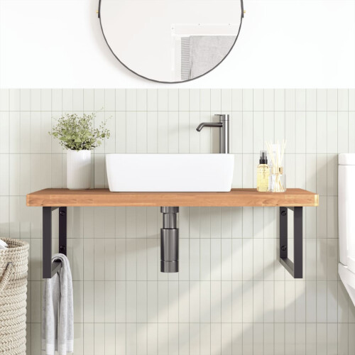 VidaXL vidaXL Basin Shelf Wall Mounted Bathroom Countertop Steel and Solid Wood Beech 2