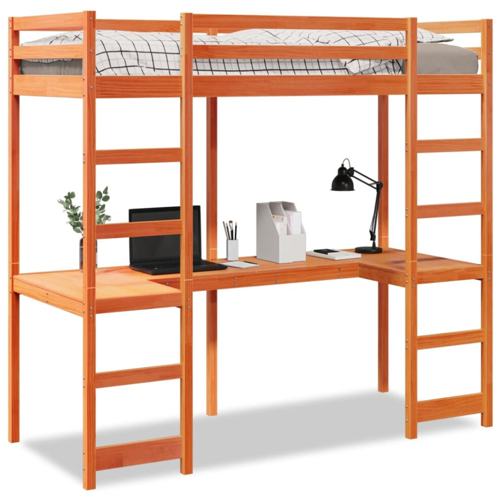 Vidaxl Loft Bed Frame With Desk Bunk Bed Wax Brown 75X190 Cm Solid Wood Pine