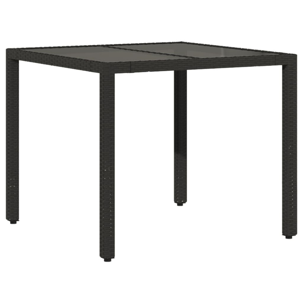 vidaXL Garden Table with Glass Top Outdoor Dining Table Black Poly Rattan