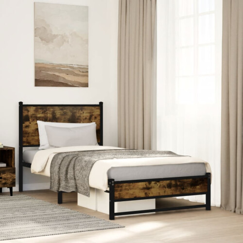 VidaXL vidaXL Metal Bed Frame with Headboard Bed Base Smoked Oak 90x190 cm Single 2