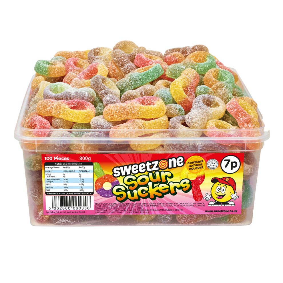 Sweetzone (Sour Suckers 800G Tub - 1H045) Halal Sweets Cola Bottles, Sour Suckers, Twin Cherries 800G Tubs Hmc Certified