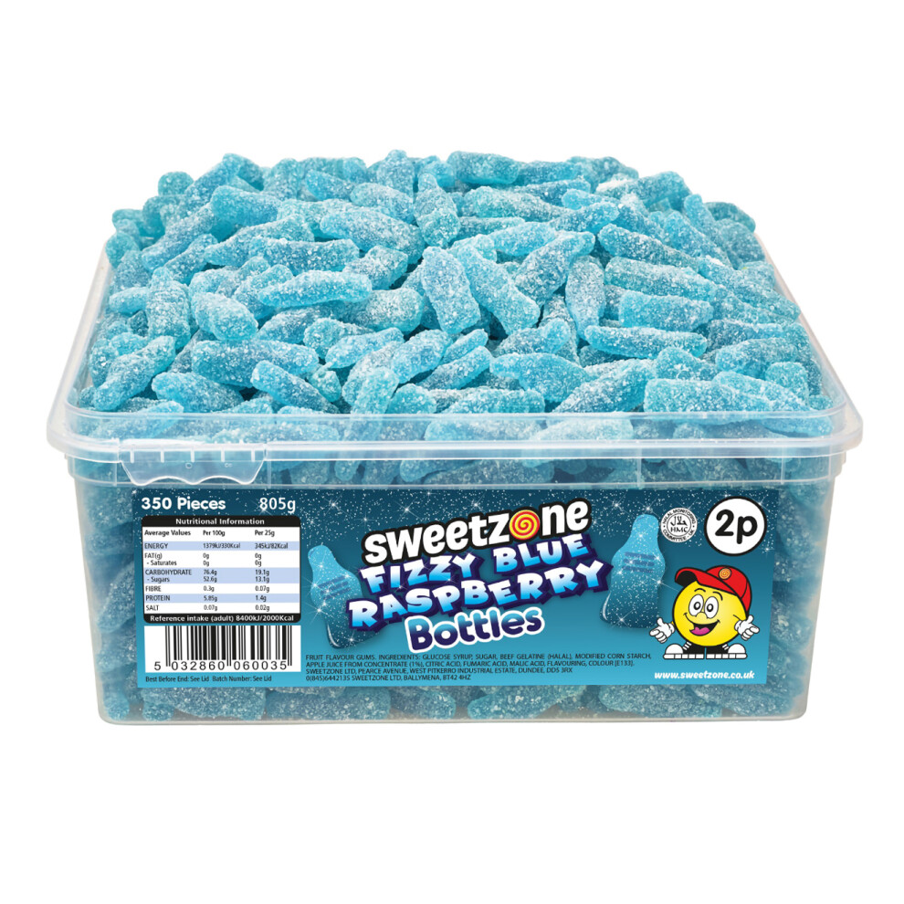 (Fizzy Blue Raspberry Bottles 800g TUB - 1H003) Halal Sweets Cola Bottles, Sour Suckers, Twin Cherries 800g Tubs HMC Certified