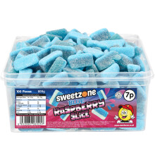 (Blue Raspberry Slices 800g TUB - 1H006) Halal Sweets Cola Bottles, Sour Suckers, Twin Cherries 800g Tubs HMC Certified
