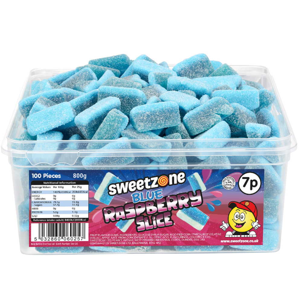 Sweetzone ( Raspberry Slices 800G Tub - 1H006) Halal Sweets Cola Bottles, Sour Suckers, Twin Cherries 800G Tubs Hmc Certified Blue