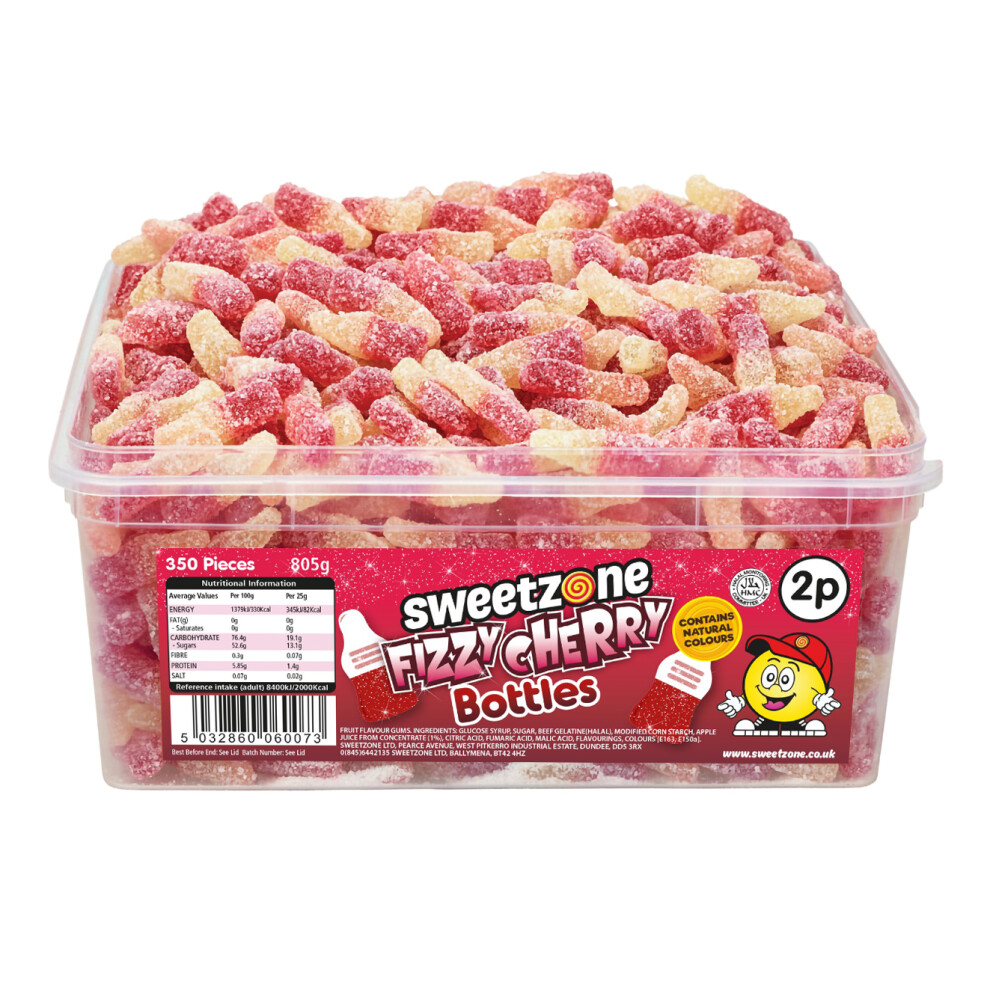 (Fizzy Cherry Bottles 800g TUB - 1H013) Halal Sweets Cola Bottles, Sour Suckers, Twin Cherries 800g Tubs HMC Certified