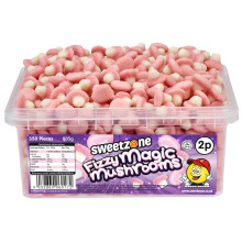 (Fizzy Magic Mushrooms 800g TUB - 1H020) Halal Sweets Cola Bottles, Sour Suckers, Twin Cherries 800g Tubs HMC Certified