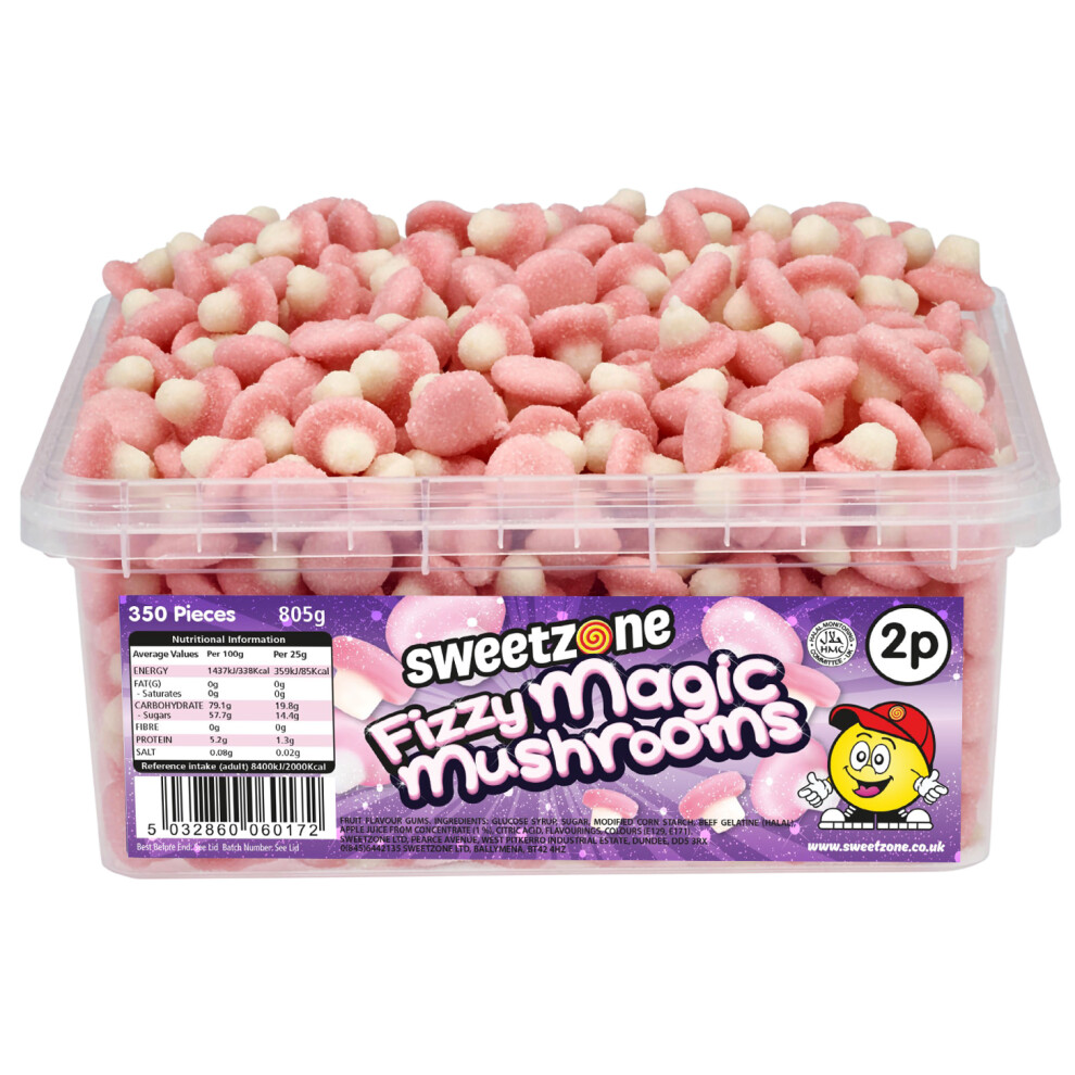 Sweetzone (Fizzy Magic Mushrooms 800G Tub - 1H020) Halal Sweets Cola Bottles, Sour Suckers, Twin Cherries 800G Tubs Hmc Certified