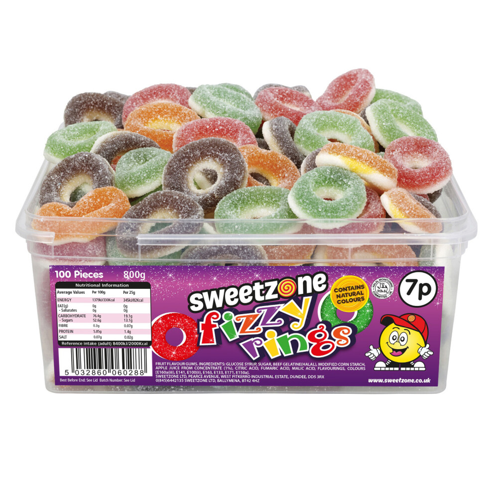 Sweetzone (Fizzy Rings 800G Tub - 1H021) Halal Sweets Cola Bottles, Sour Suckers, Twin Cherries 800G Tubs Hmc Certified