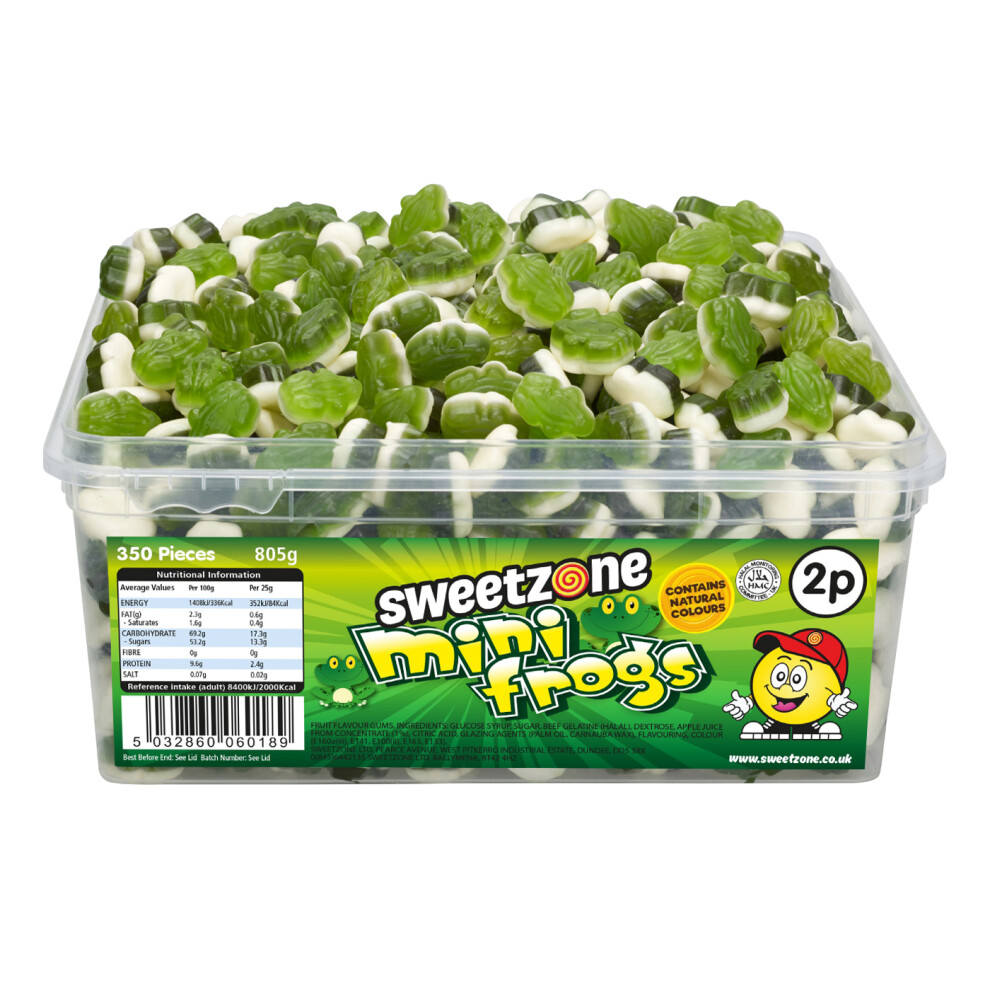 (Mini Frogs 800g TUB - 1H036) Halal Sweets Cola Bottles, Sour Suckers, Twin Cherries 800g Tubs HMC Certified