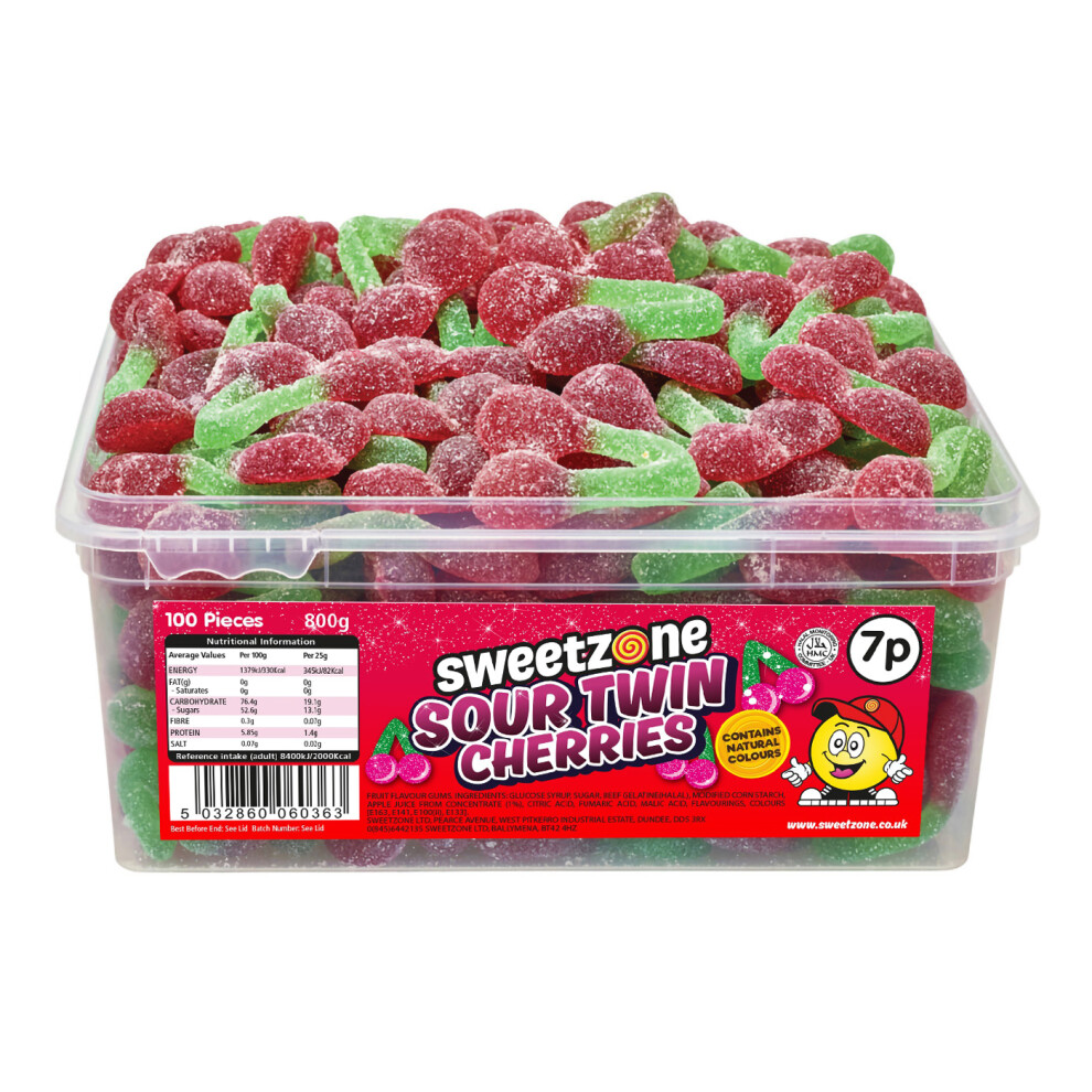 (Sour Twin Cherries 800g TUB - 1H046) Halal Sweets Cola Bottles, Sour Suckers, Twin Cherries 800g Tubs HMC Certified