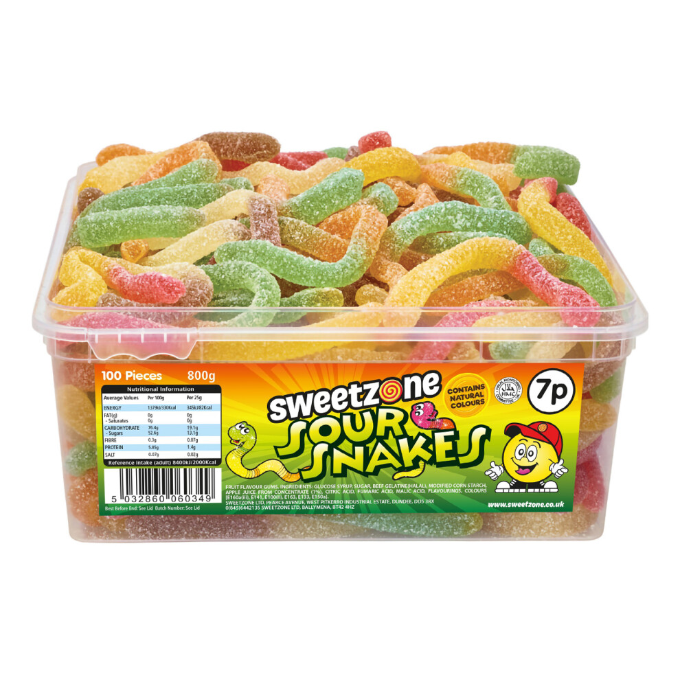 Sweetzone (Sour Snakes 800G Tub - 1H044) Halal Sweets Cola Bottles, Sour Suckers, Twin Cherries 800G Tubs Hmc Certified