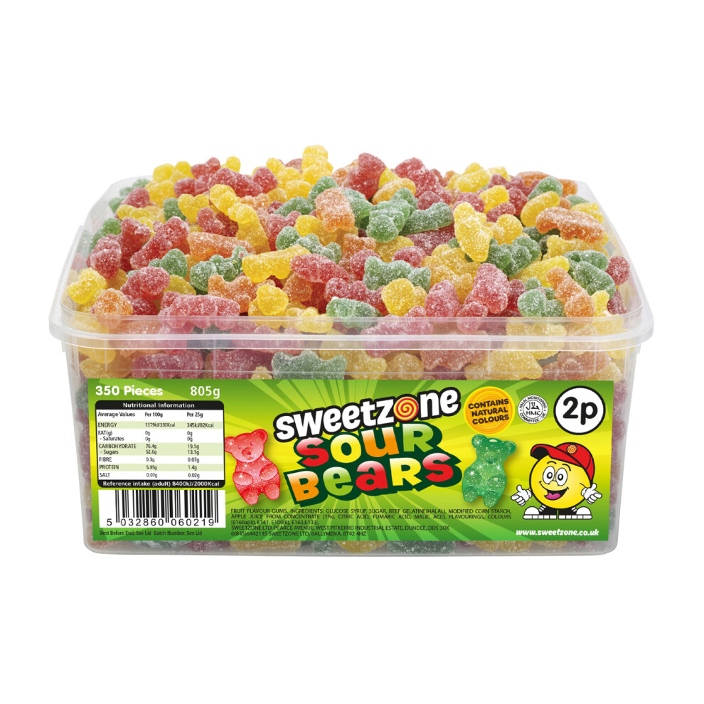 Sweetzone (Sour Bears 800G Tub - 1H043) Halal Sweets Cola Bottles, Sour Suckers, Twin Cherries 800G Tubs Hmc Certified