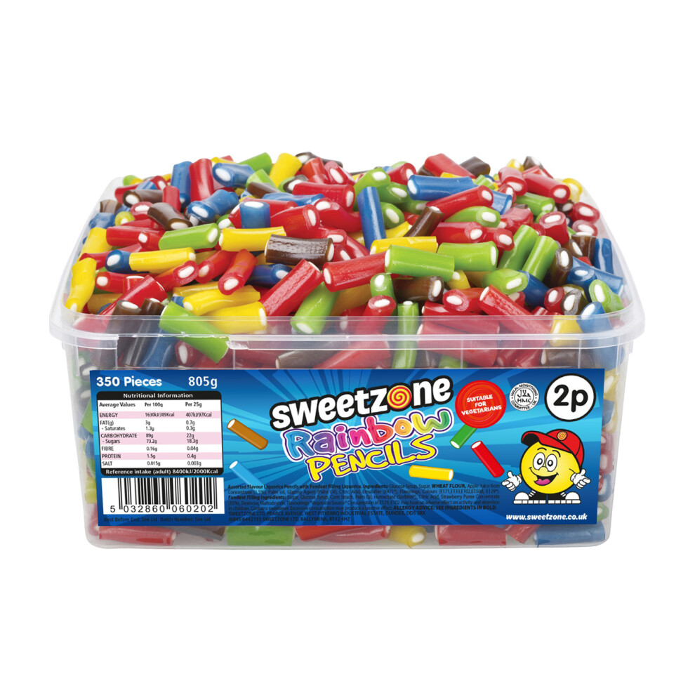 Sweetzone (Rainbow Pencils 800G Tub - 1H041) Halal Sweets Cola Bottles, Sour Suckers, Twin Cherries 800G Tubs Hmc Certified