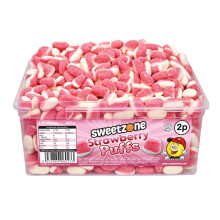 (Strawberry Puffs 800g TUB - 1H047) Halal Sweets Cola Bottles, Sour Suckers, Twin Cherries 800g Tubs HMC Certified
