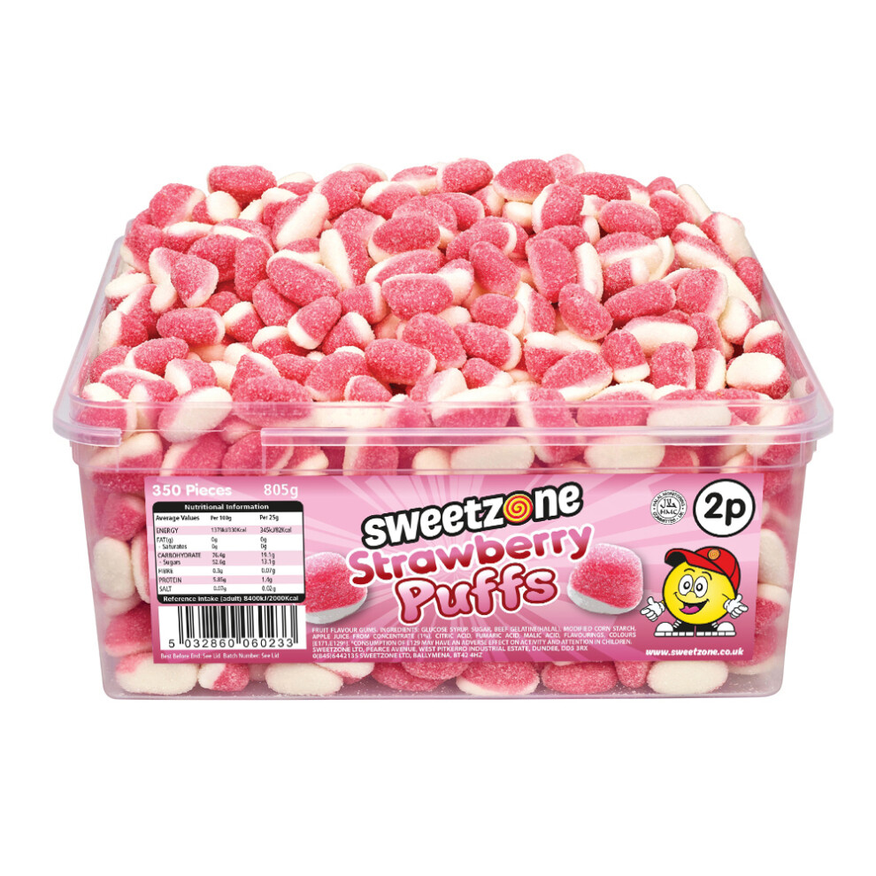 Sweetzone (Strawberry Puffs 800G Tub - 1H047) Halal Sweets Cola Bottles, Sour Suckers, Twin Cherries 800G Tubs Hmc Certified