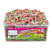 (Watermelon Bottles 800g TUB - 1H051) Halal Sweets Cola Bottles, Sour Suckers, Twin Cherries 800g Tubs HMC Certified