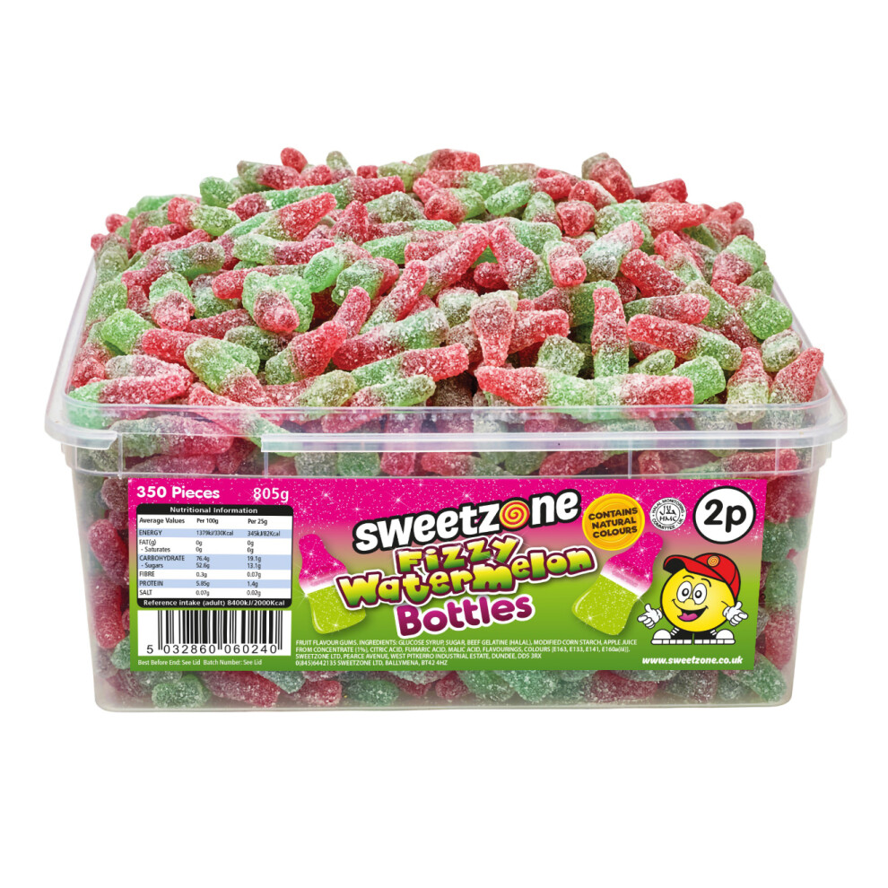 (Watermelon Bottles 800g TUB - 1H051) Halal Sweets Cola Bottles, Sour Suckers, Twin Cherries 800g Tubs HMC Certified