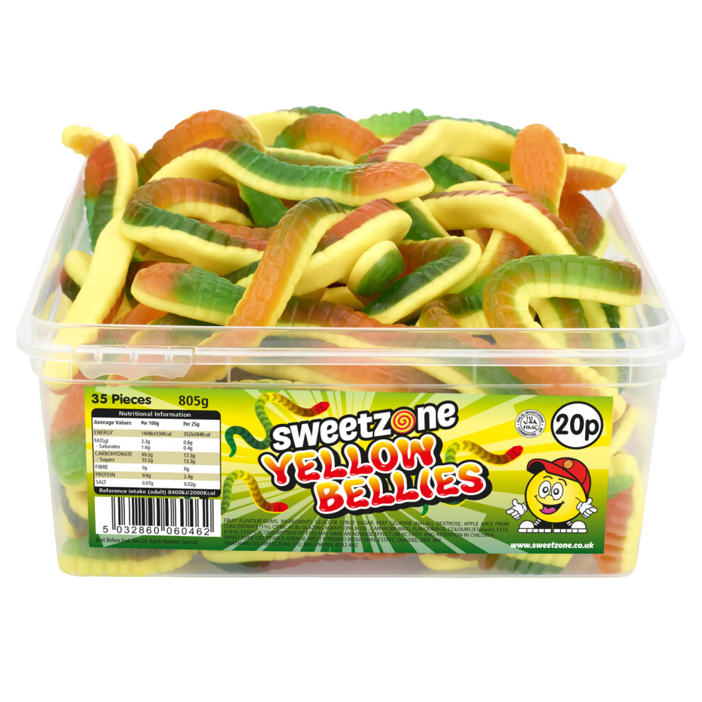 Sweetzone ( Bellies 800G Tub - 1H055) Halal Sweets Cola Bottles, Sour Suckers, Twin Cherries 800G Tubs Hmc Certified Yellow