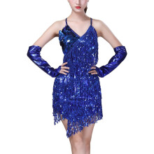 (One Size, Dark Blue) Women's Dancewear Sexy Tassel Sequins Latin Dance Dress V-Neck Ballroom Party Tango Mini Sling Skirt Fringed Sleeveless Outfit