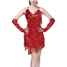 (One Size, Red) Women's Dancewear Sexy Tassel Sequins Latin Dance Dress V-Neck Ballroom Party Tango Mini Sling Skirt Fringed Sleeveless Outfit