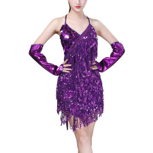 (One Size, Purple) Women's Dancewear Sexy Tassel Sequins Latin Dance Dress V-Neck Ballroom Party Tango Mini Sling Skirt Fringed Sleeveless Outfit
