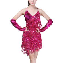 (One Size, Rose Red) Women's Dancewear Sexy Tassel Sequins Latin Dance Dress V-Neck Ballroom Party Tango Mini Sling Skirt Fringed Sleeveless Outfit