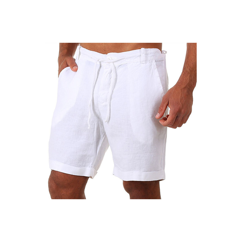 (White, XL) Mens Cotton Linen Beach Shorts Elasticated Waist Dstring Casual Summer Pants