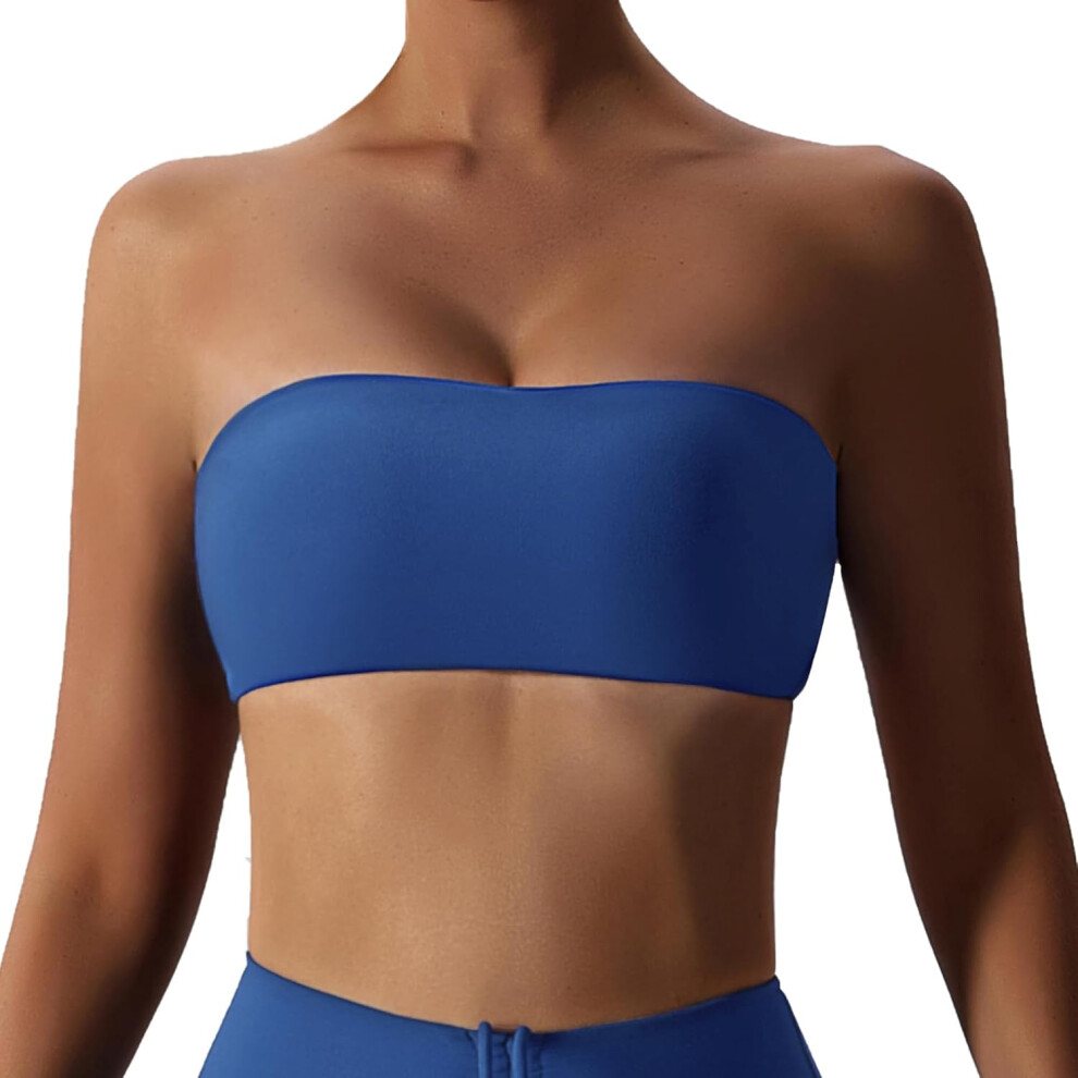(S, Blue) Bandeau Bra for Women Seamless Bralette Wireless Sports Bras Yoga Workout Tube Top