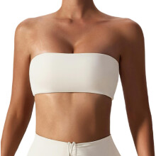 (M, Beige White) Bandeau Bra for Women Seamless Bralette Wireless Sports Bras Yoga Workout Tube Top