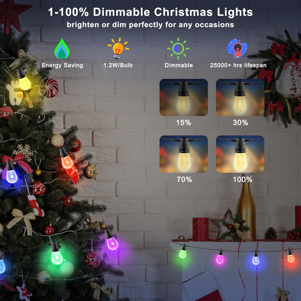 6M LED Outdoor Smart Garden Solar Festoon Lights 15 Bulbs RGB Remote Control/APP Control