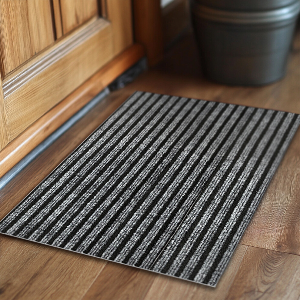 (90cm x 60cm) Striped Needlefelt Door Mat - Grey