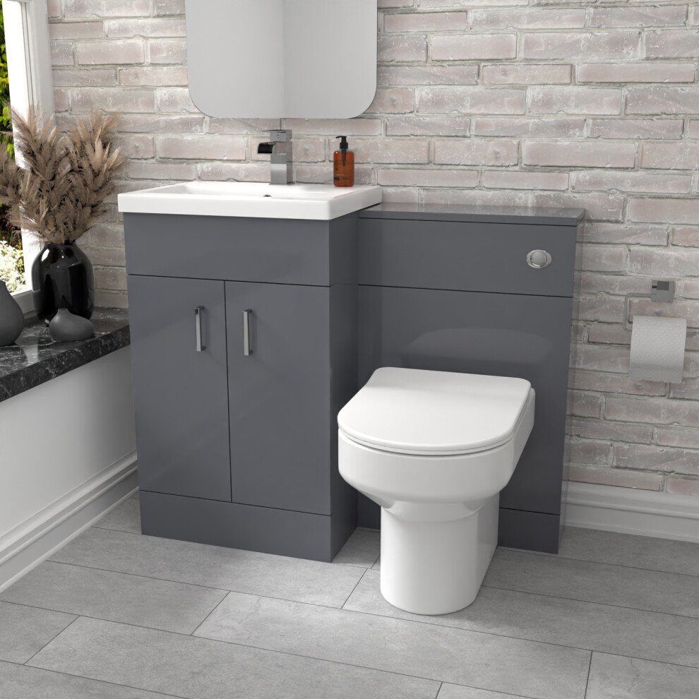 Nes Home Grey Vanity Basin Cabinet, WC Unit & Comfort Back To Wall Toilet